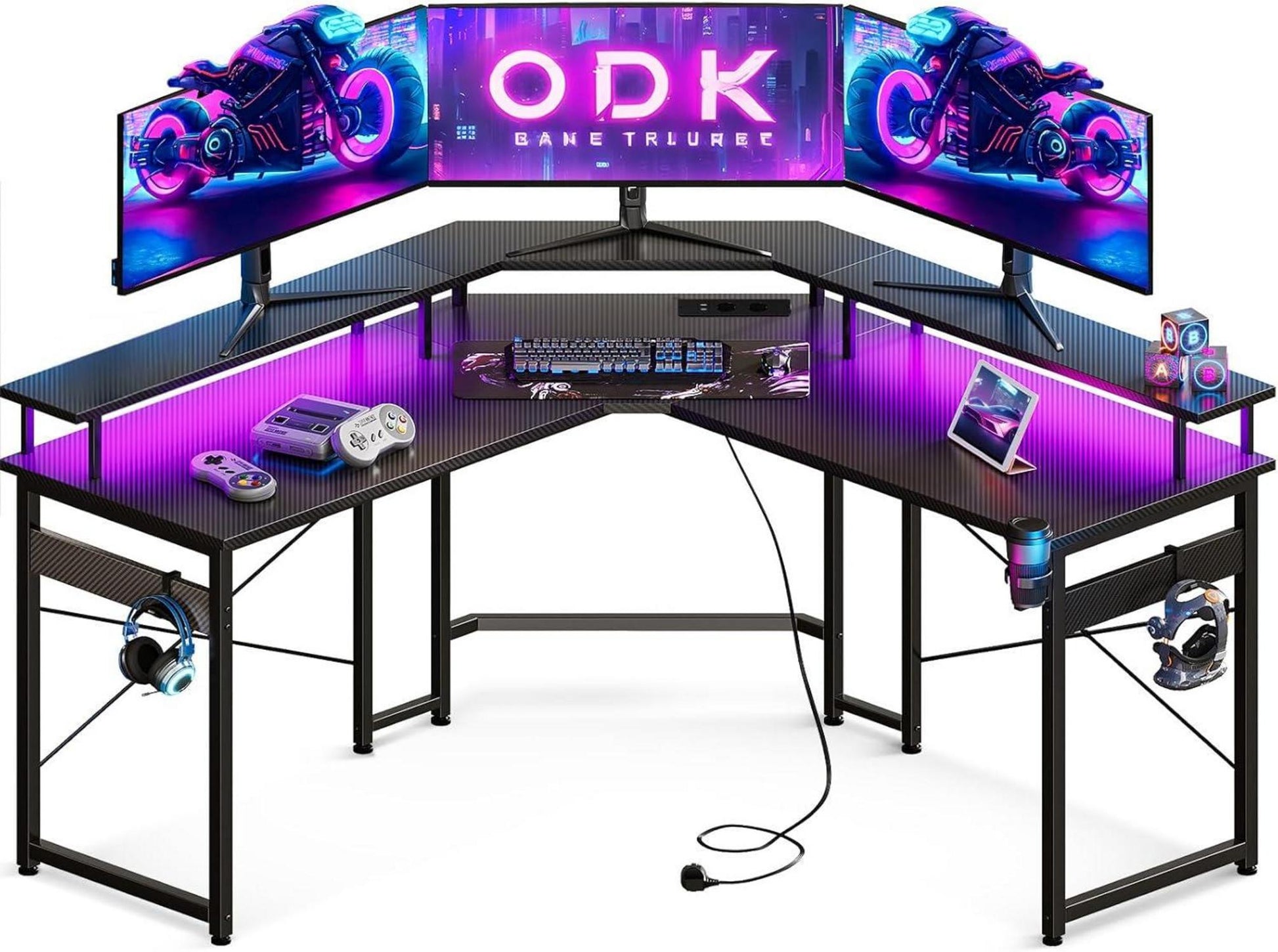 Gaming Tisch mit LED und Monitorablage, 2 Steckdosen, USB - Schwarz