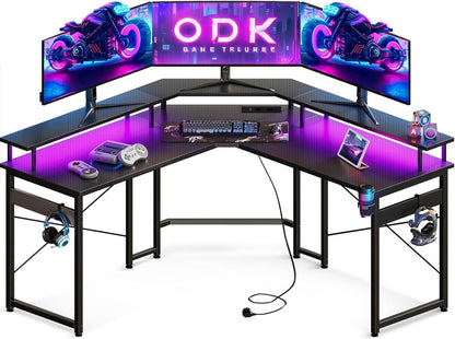 Gaming Tisch mit LED und Monitorablage, 2 Steckdosen, USB - Schwarz