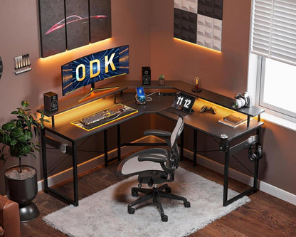ODK Gaming Tisch LED Schwarz 129x129 cm Monitorablage USB-Ladeanschluss