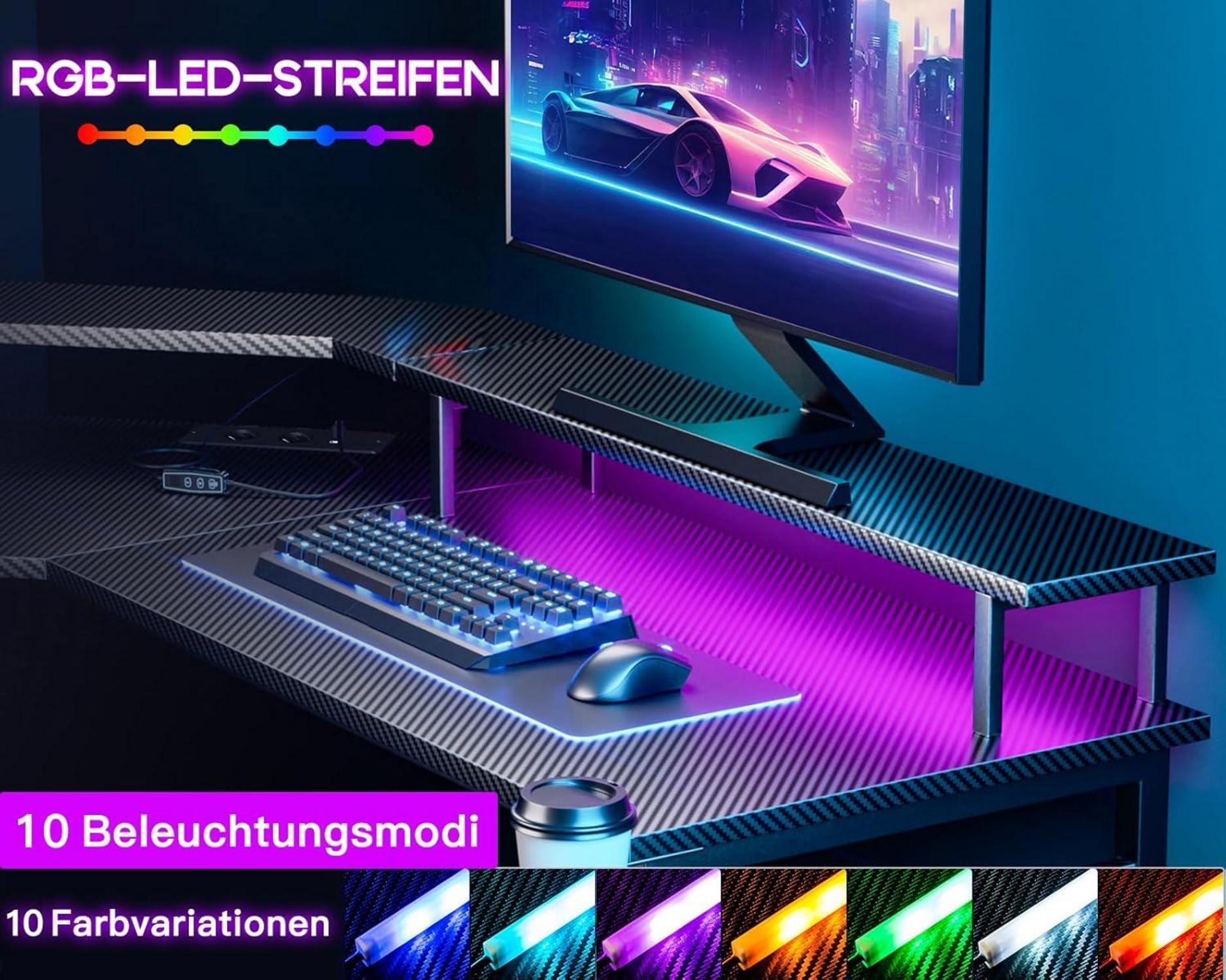 Gaming Tisch LED 129x129 cm Schwarz mit Stromversorgung und
