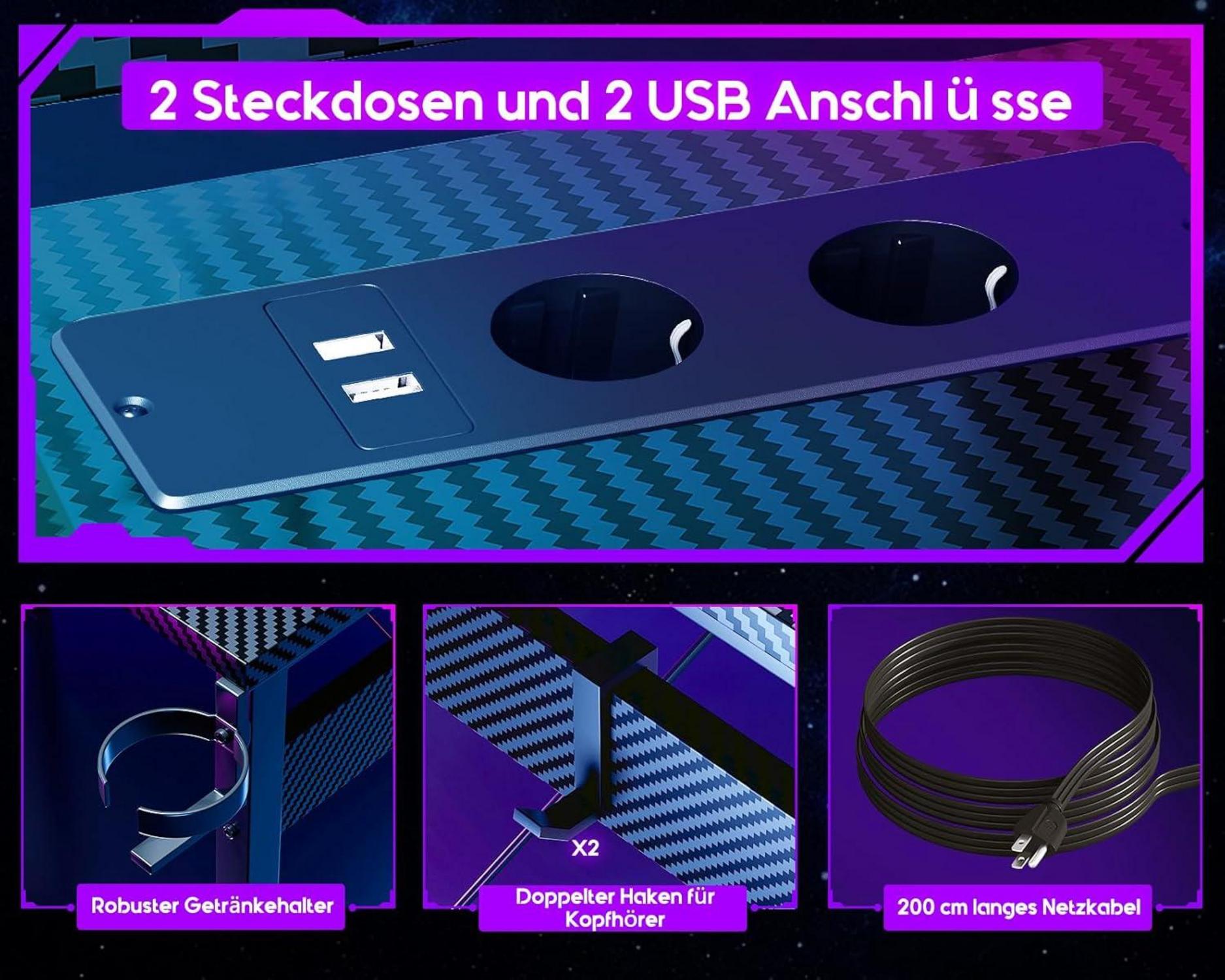 Gaming Schreibtisch 129x129 cm LED Monitorablage USB Steckdosen Kohlefaser