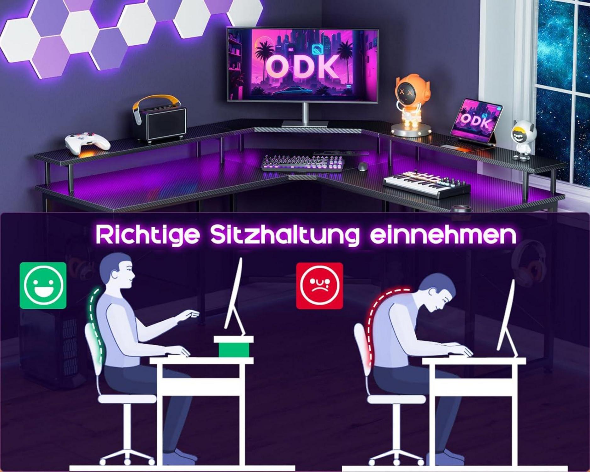 ODK Gaming Tisch LED Schwarz 129x129 cm Monitorablage USB-Ladeanschluss