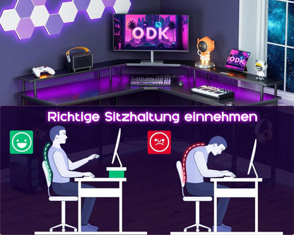 ODK Gaming Tisch LED Schwarz 129x129 cm Monitorablage USB-Ladeanschluss