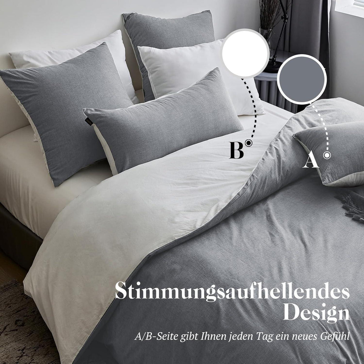 Bettwäsche-Set 135x200 Baumwolle Dunkelgrau Stone Washed Look 4-teilig