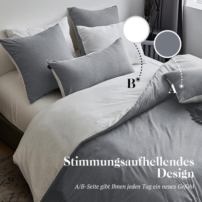 Bettwäsche-Set 135x200 Baumwolle Dunkelgrau Stone Washed Look 4-teilig