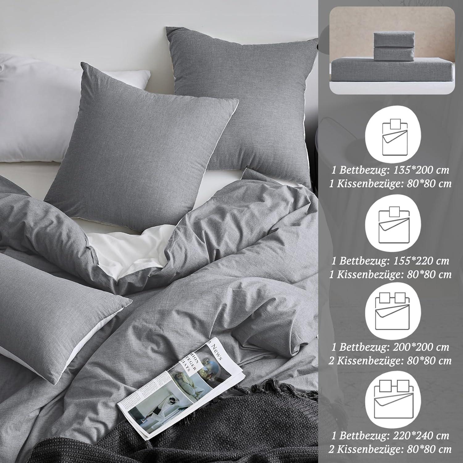 SOULFUL 3tlg. Bettwäsche-Set 200x200 Dunkelgrau Baumwolle Stone Washed