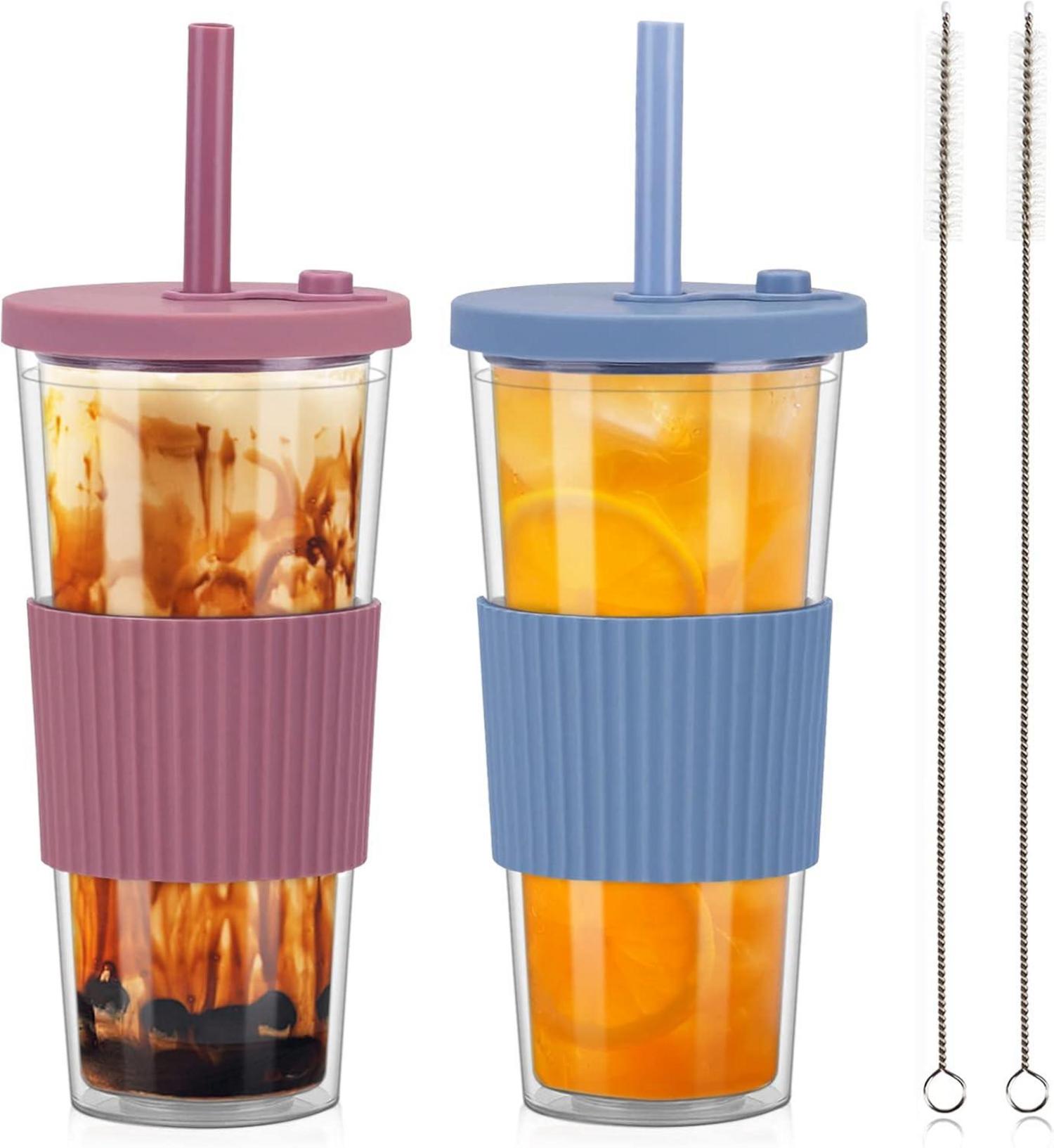 Bubble Tea Becher 24oz mit Strohhalm und Deckel, 2er Set