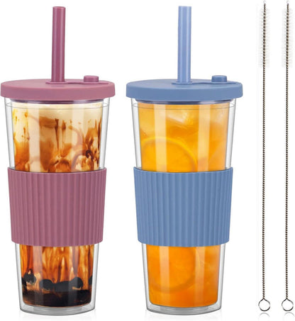 Bubble Tea Becher 24oz mit Strohhalm und Deckel, 2er Set