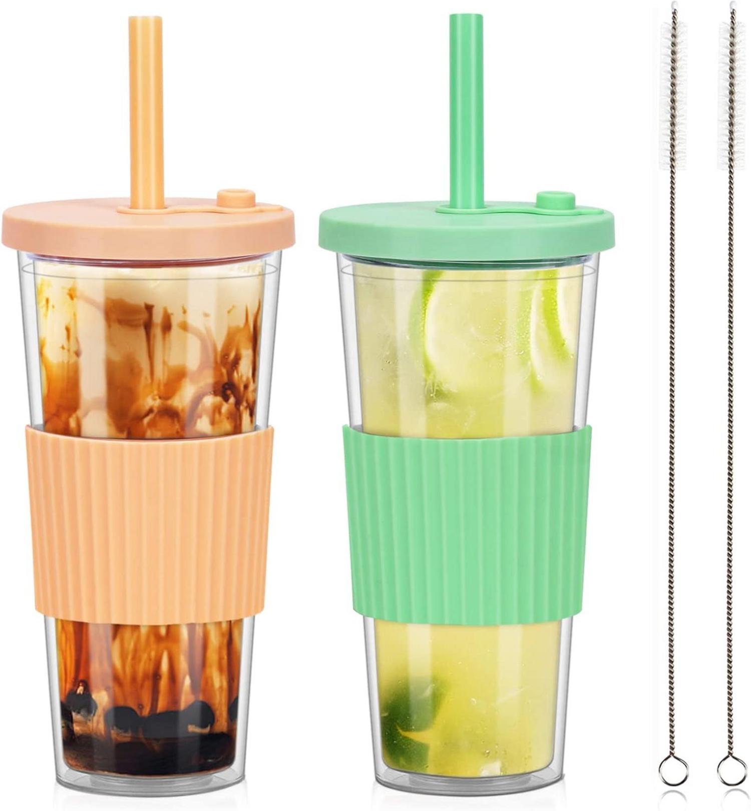 Bubble Tea Becher 24oz mit Deckel und Strohhalm 2er Set BPA Frei