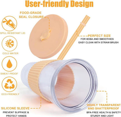 24oz Bubble Tea Becher mit Deckel und Strohhalm, 2er Set, BPA-frei, Doppelwandig Isoliert, Orange/Hellgrün