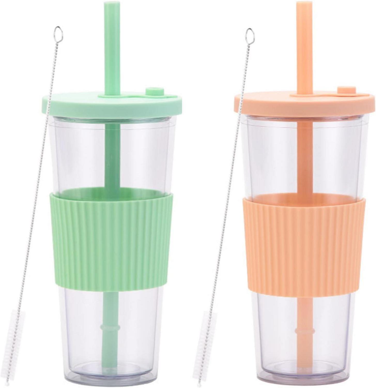 24oz Bubble Tea Becher mit Deckel und Strohhalm, 2er Set, BPA-frei, Doppelwandig Isoliert, Orange/Hellgrün