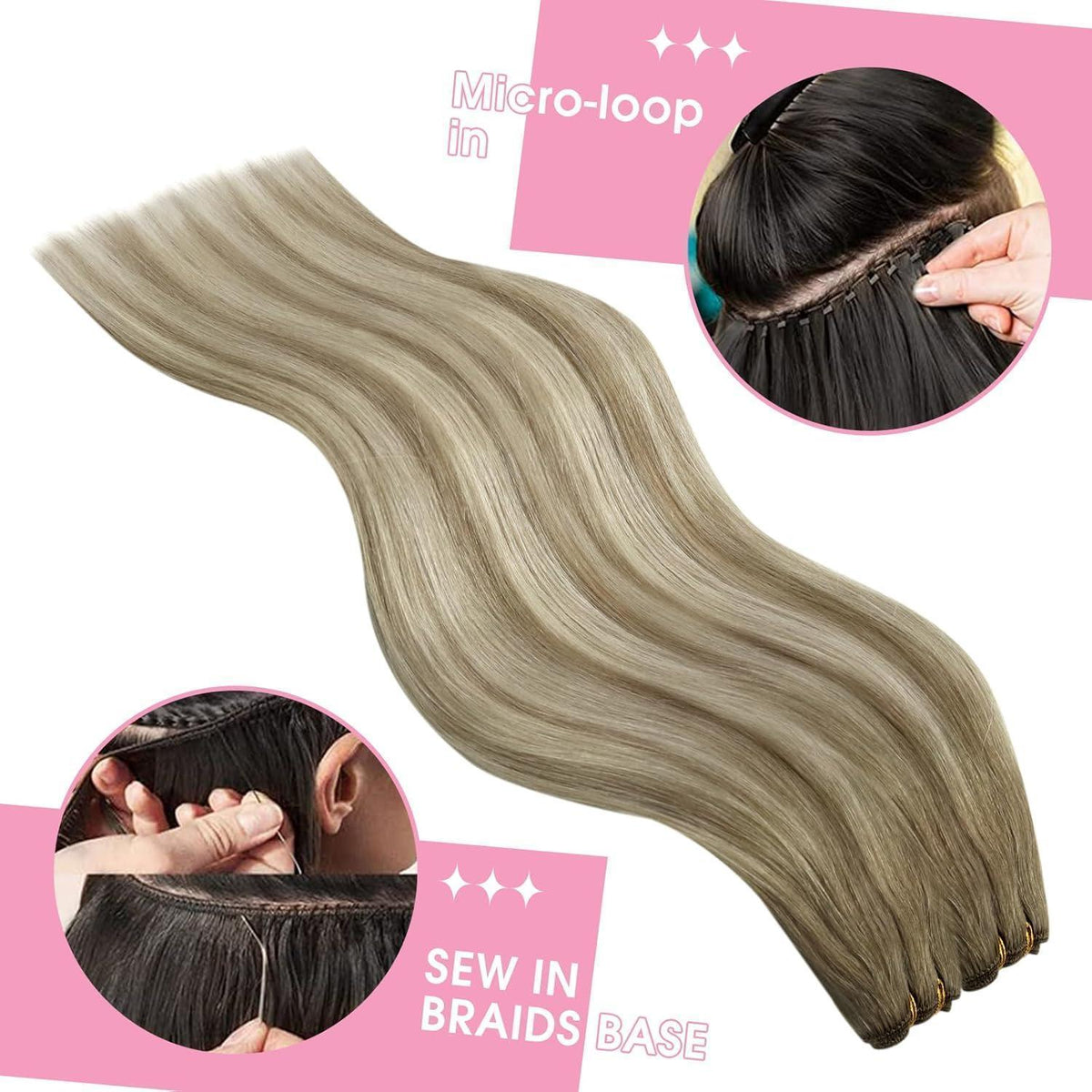 Echthaar Tressen Ombre Braun Blond 55cm zum Einnahen