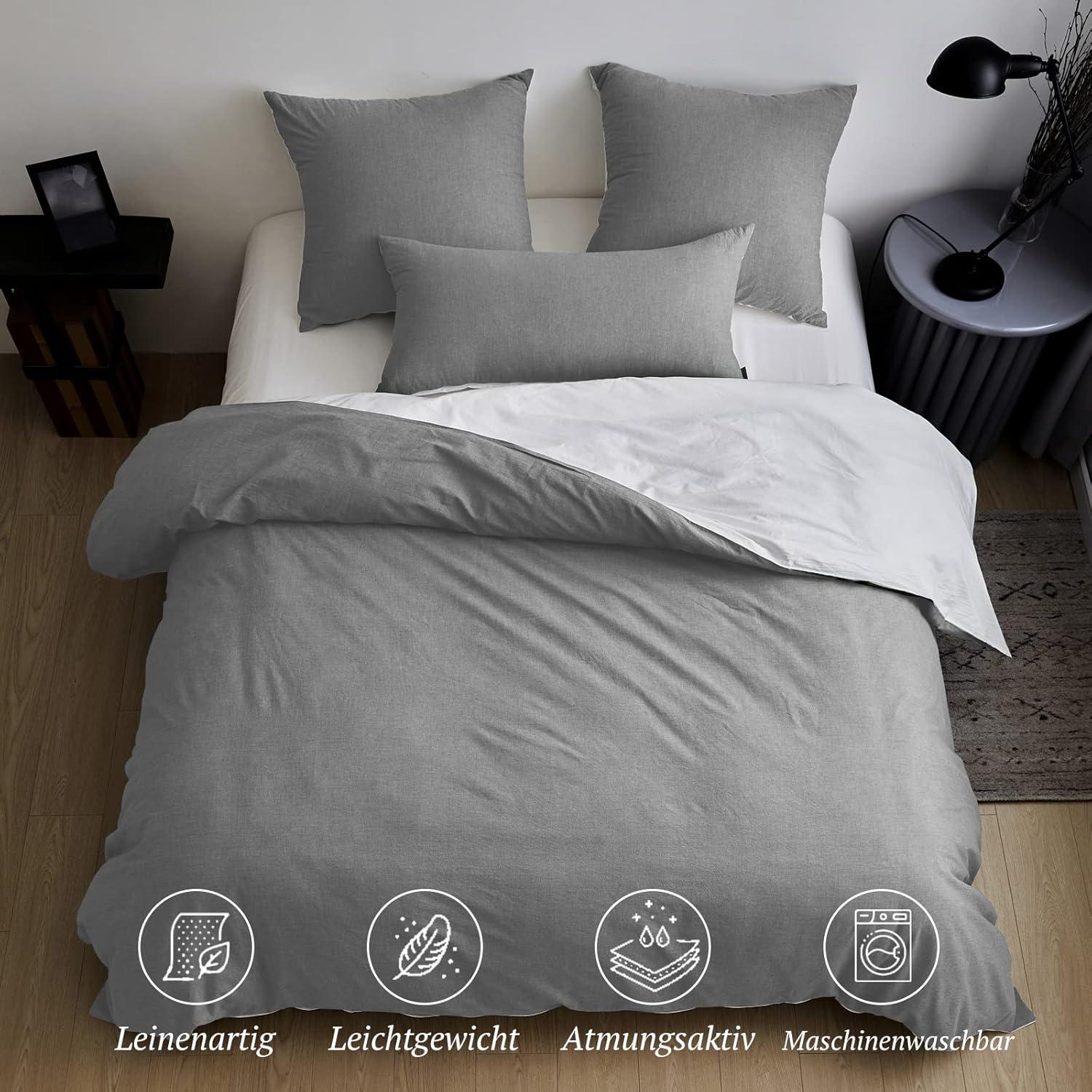 SOULFUL Bettwäsche Set 200x200 Baumwolle 3tlg. Rauchgrau Stone Washed