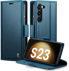 Handyhülle Samsung Galaxy S23 5G Premium Leder Blau RFID Standfunktion