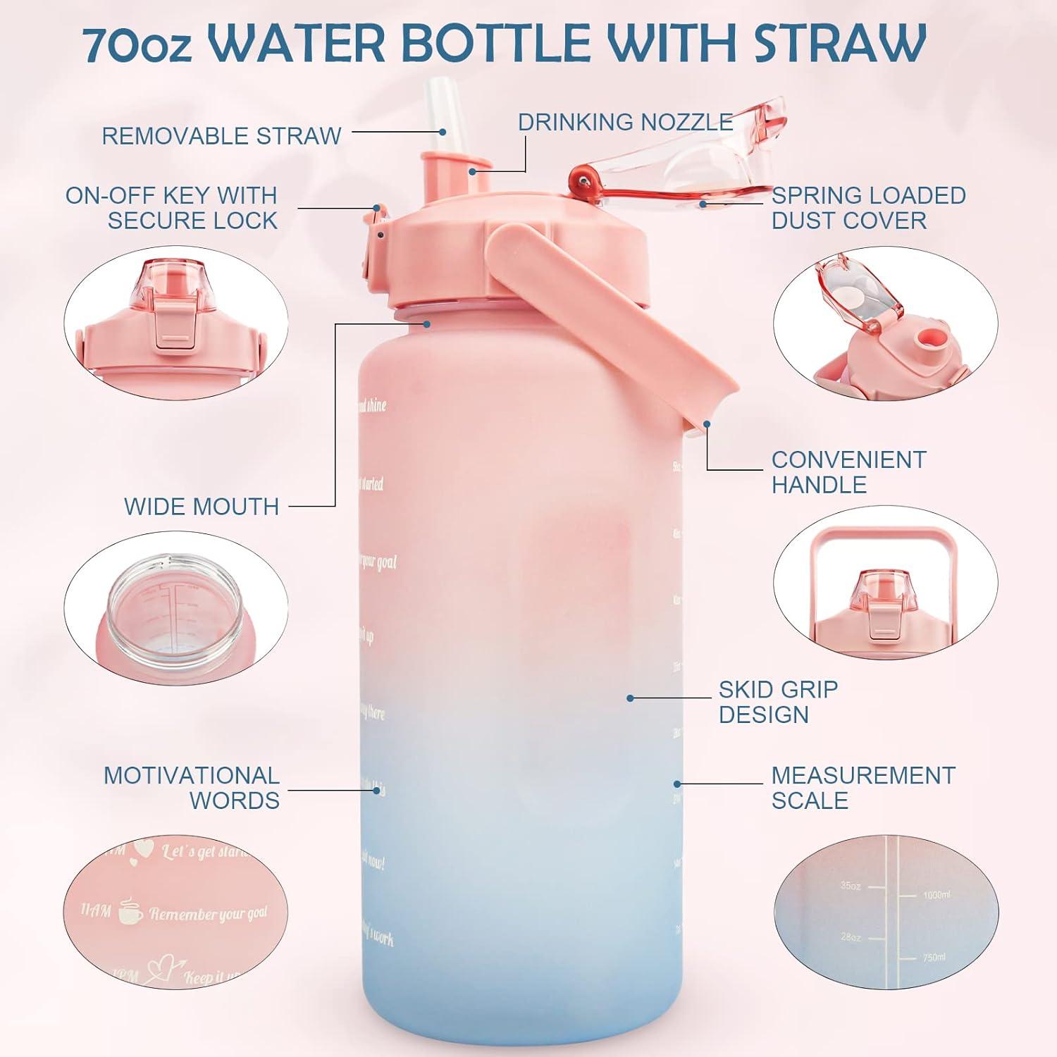 MOMSIV Trinkflasche 2L BPA-frei Auslaufsicher Sport Wasserflasche mit Strohhalm Zeitmarkierungen Pink Blau