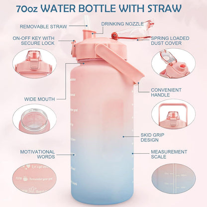 MOMSIV Trinkflasche 2L BPA-frei Auslaufsicher Sport Wasserflasche mit Strohhalm Zeitmarkierungen Pink Blau