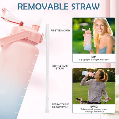 Sport Trinkflasche 2L BPA-Frei mit Strohhalm Zeitmarkierung Rosa Blau