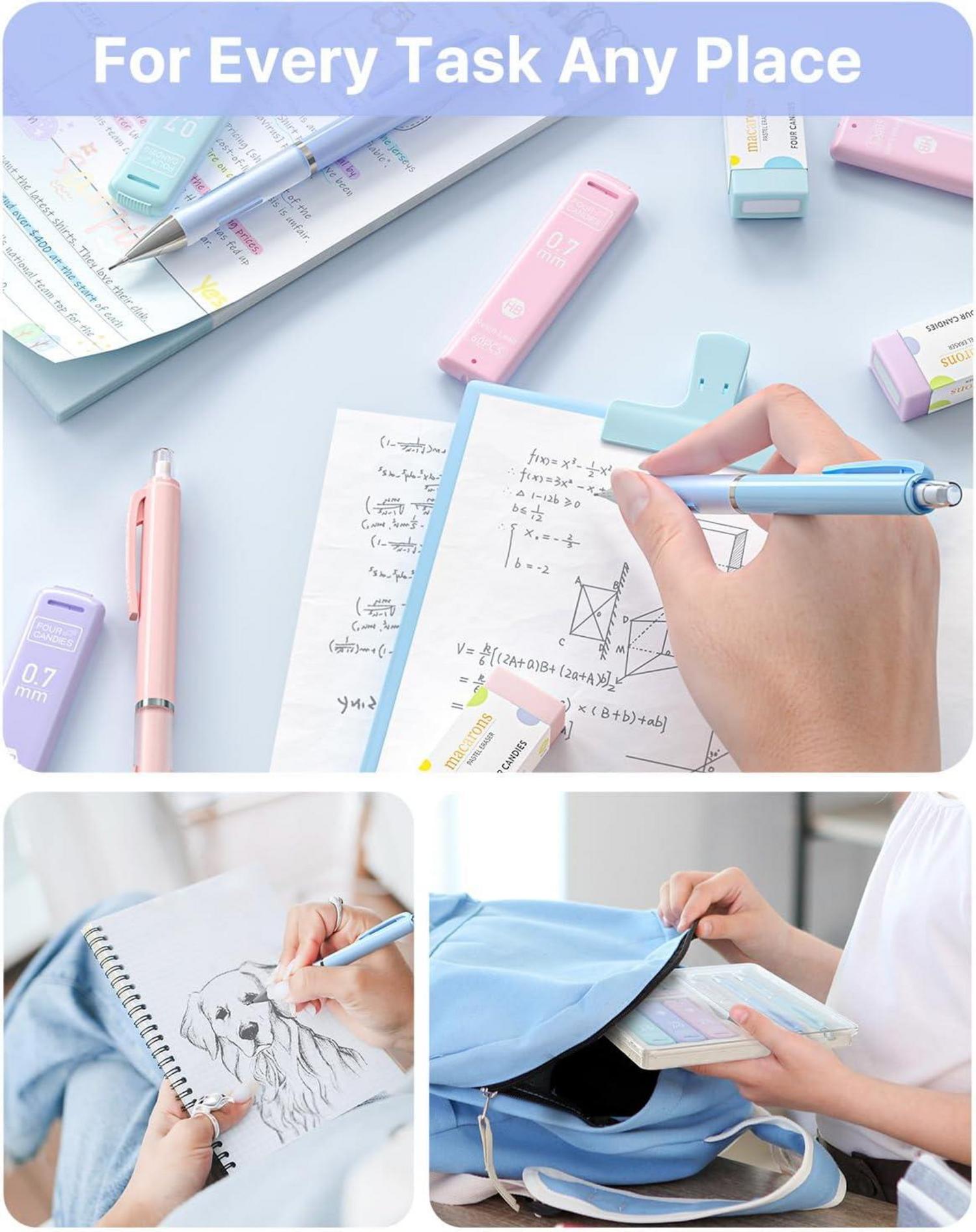 Pastell Druckbleistift Set mit Etui, 3 Stück 0,7 mm Minen & 360 HB