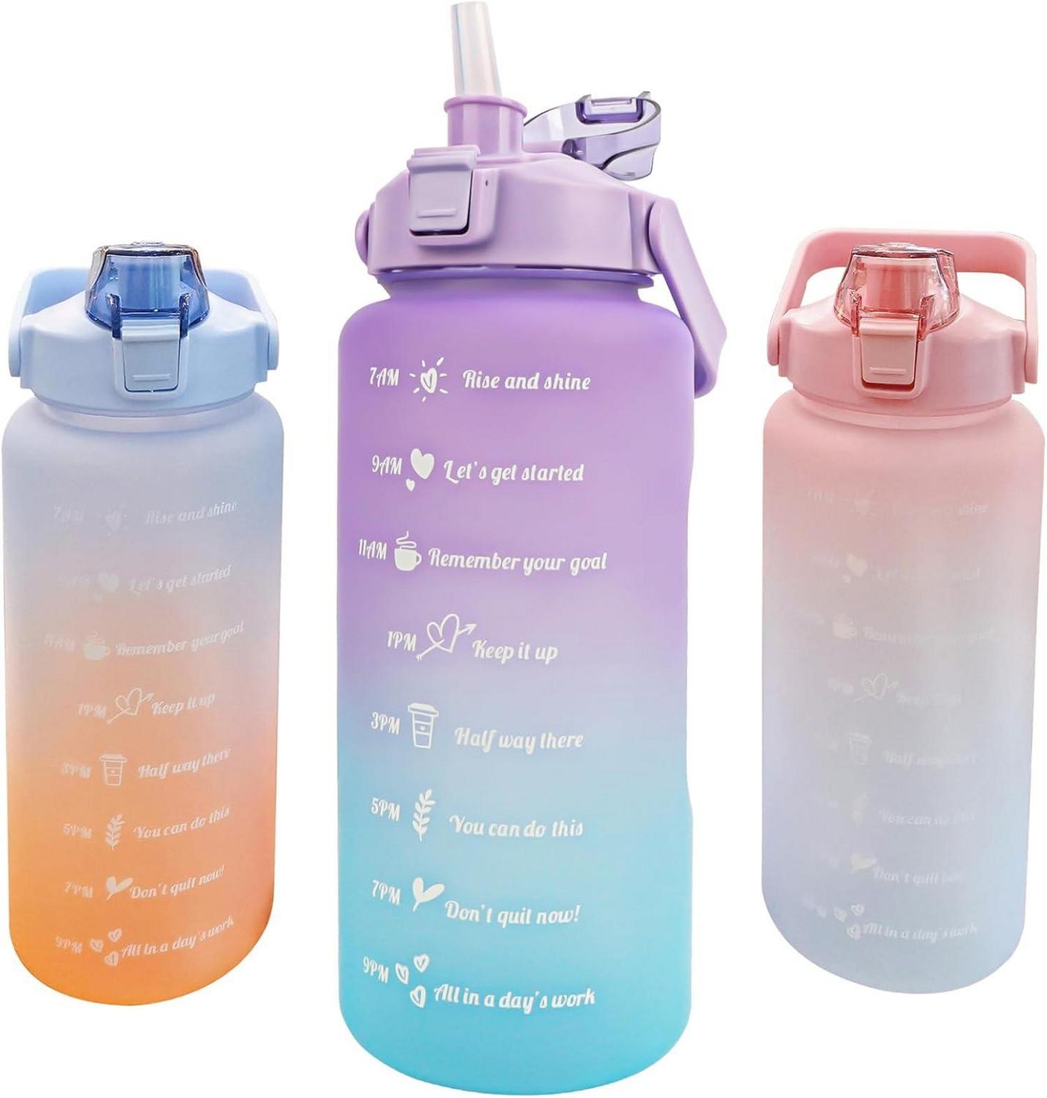 Trinkflasche 2 Liter mit Strohhalm und Zeitmarkierung, BPA-frei