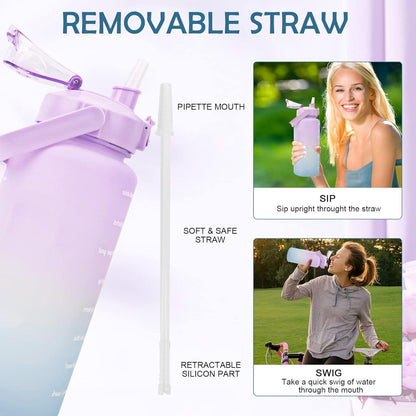 KETIEE Trinkflasche 2L mit Strohhalm und Zeitmarkierung, Violett Blau