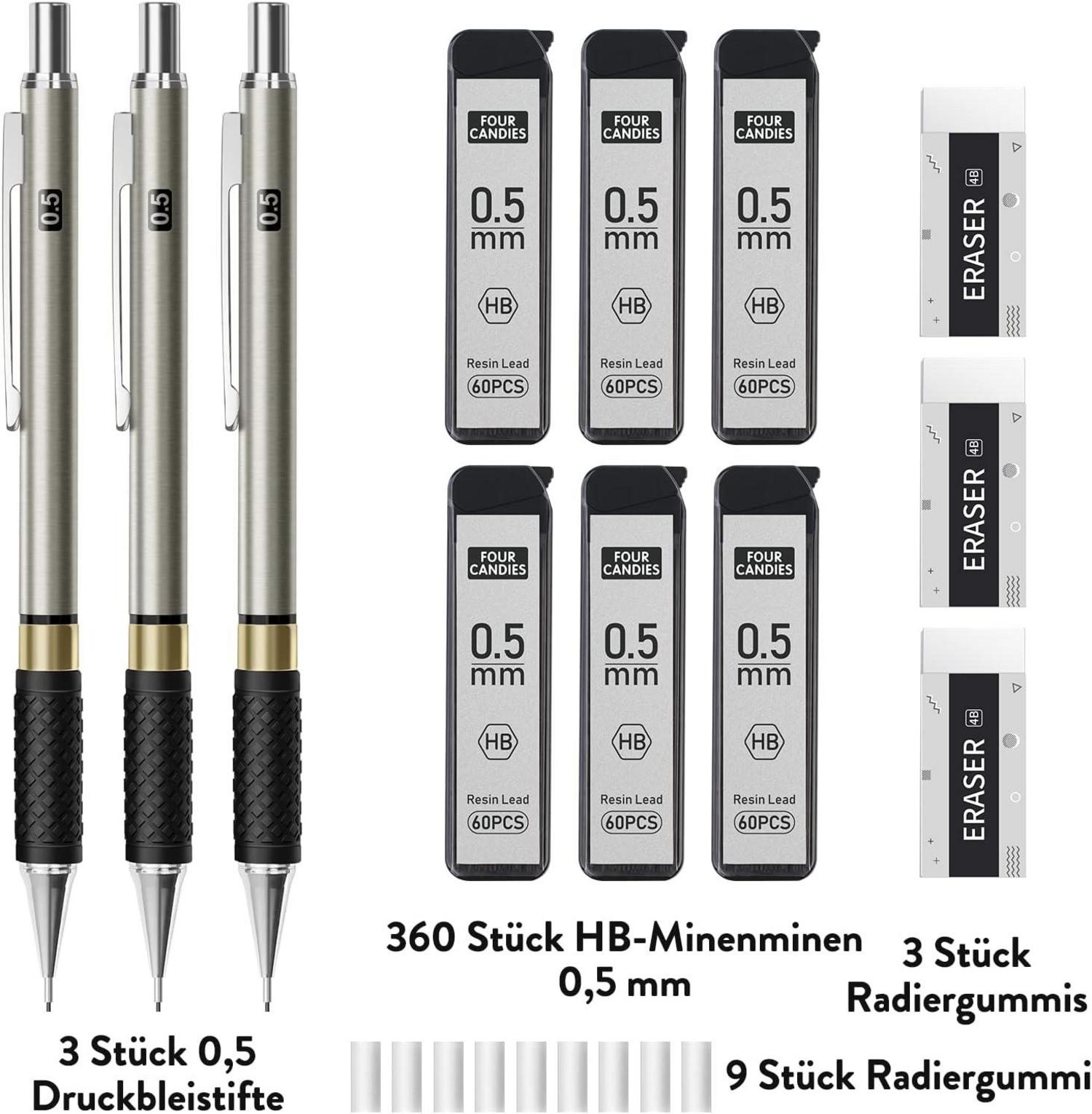 Druckbleistift Set 0,5 mm Metall mit 360 HB-Minen und Radiergummis