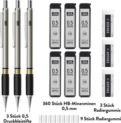 Druckbleistift Set 0,5 mm Metall mit 360 HB-Minen und Radiergummis