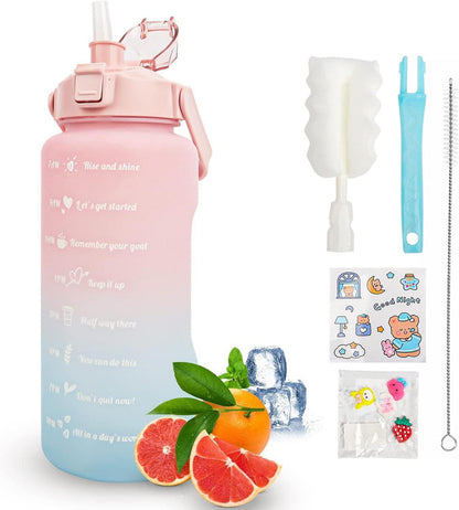 Trinkflasche 2L mit Strohhalm und Zeitmarkierung, BPA-frei, Rosa Blau