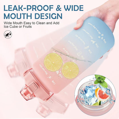 Trinkflasche 2L mit Strohhalm und Zeitmarkierung, BPA-frei, Rosa Blau