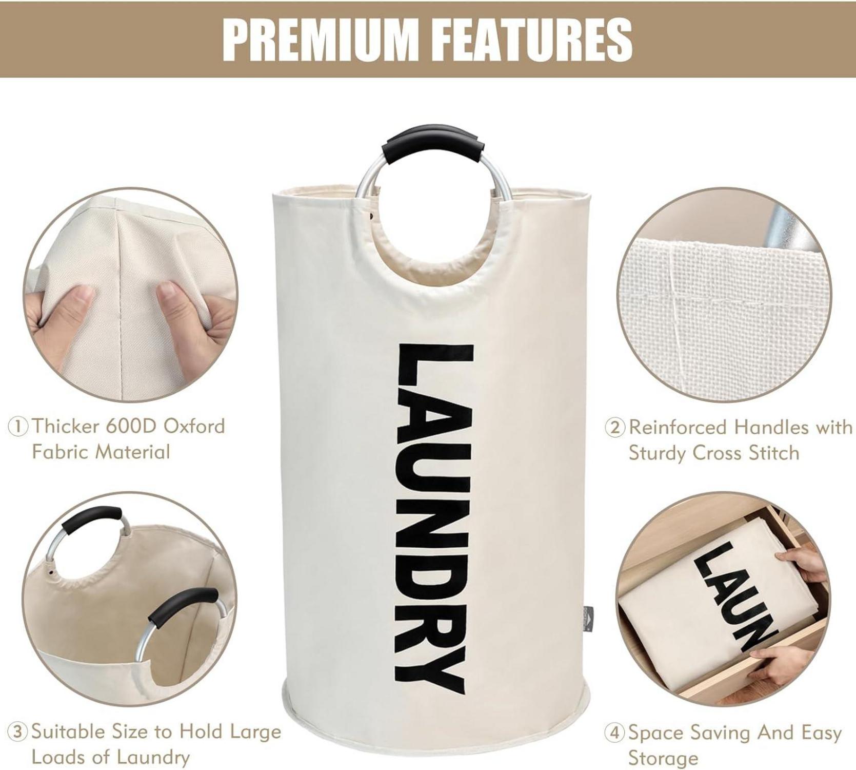 Wäschekorb 90L Faltbarer Wäschesack Beige Große Kapazität 600D Oxford Stoff