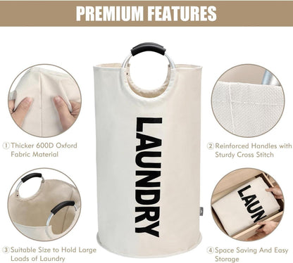 Wäschekorb 90L Faltbarer Wäschesack Beige Große Kapazität 600D Oxford Stoff