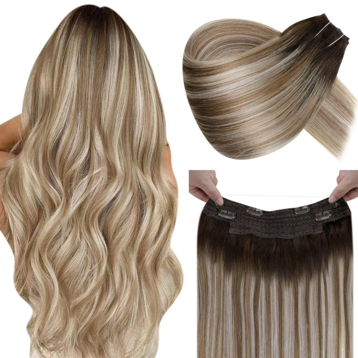Echthaar Haarverlängerung mit Draht, Ombre Braun 35cm