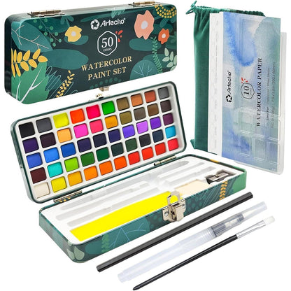 Artecho Aquarellfarben Set 50 Farben Tragbarer Box inkl. 4