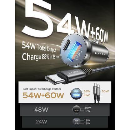 LISEN 54W Zigarettenanzünder USB C Auto Ladegerät mit 60W