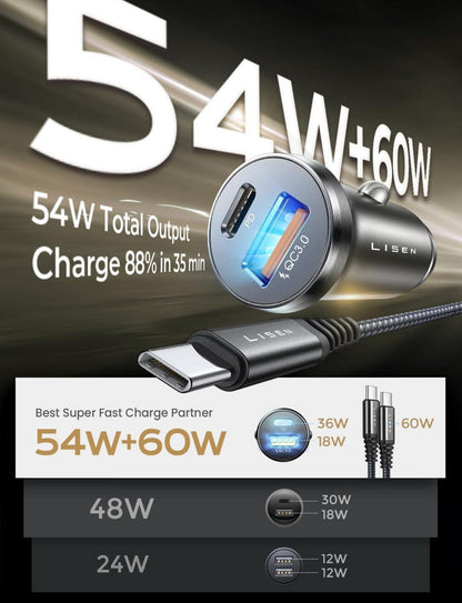 LISEN 54W Zigarettenanzünder USB C Auto Ladegerät mit 60W