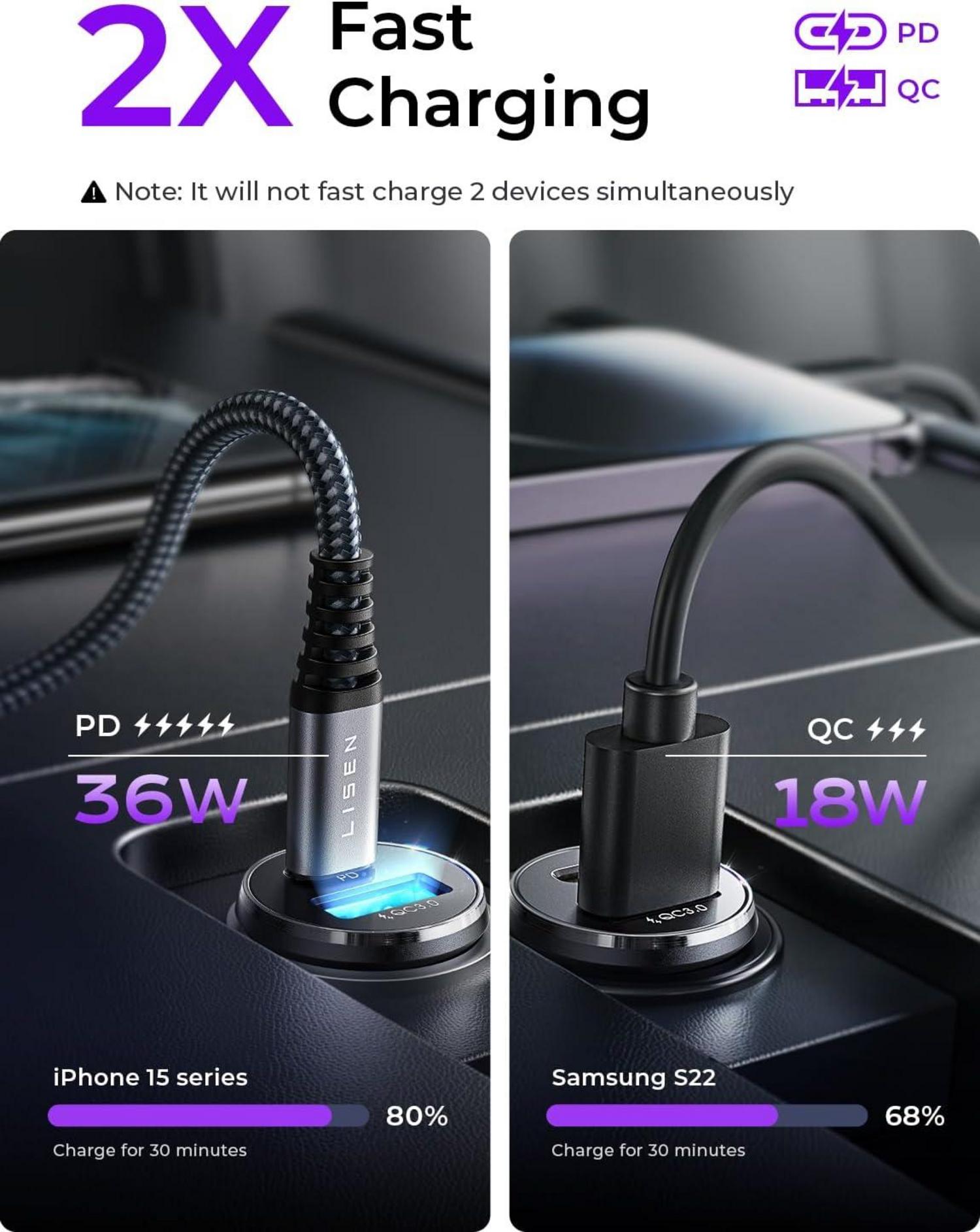 Auto Ladegerät USB C PD & QC3.0 54W Adapter 60W Kabel Schwarz
