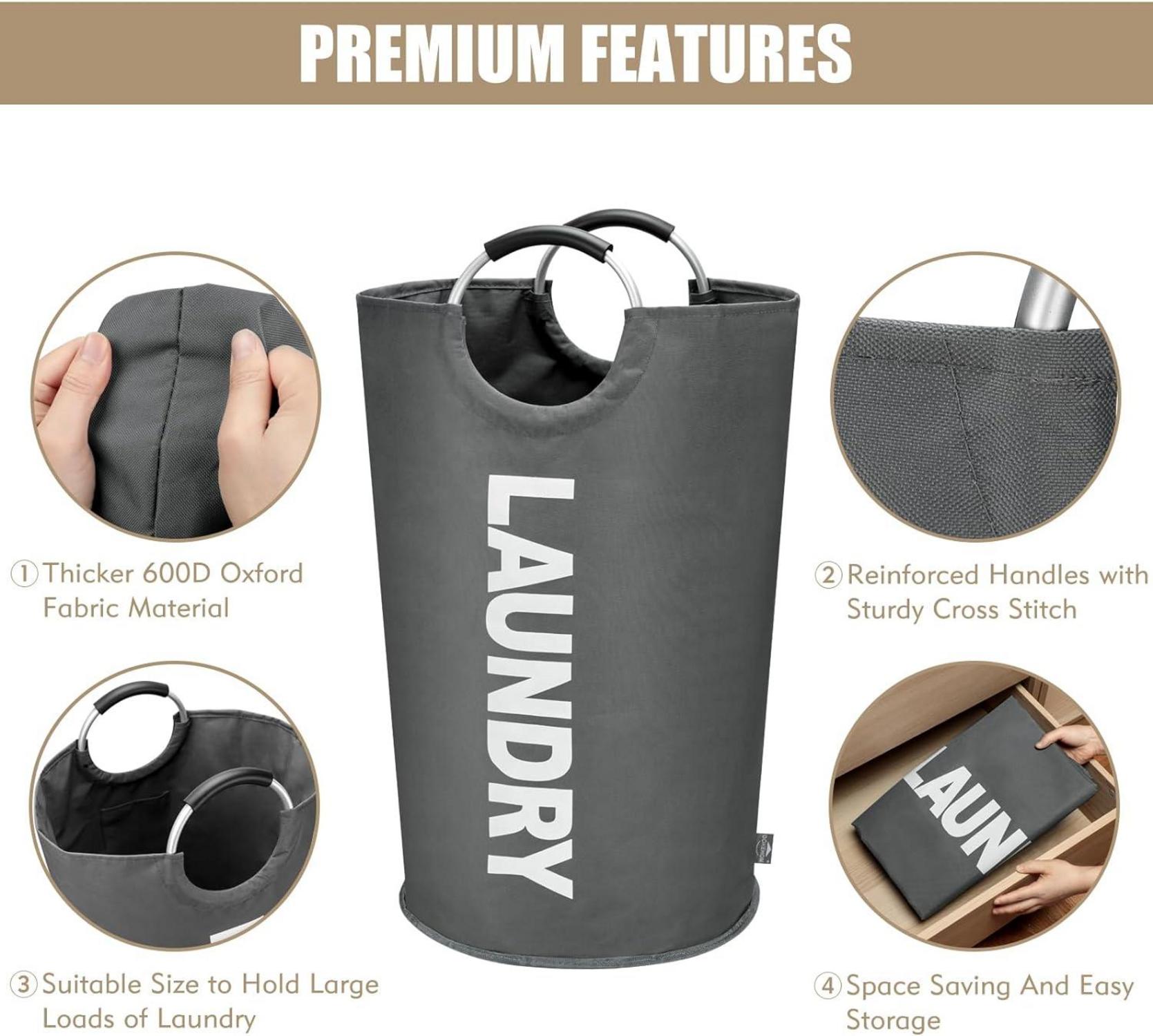 DOKEHOM 90L Faltbarer Wäschekorb Dunkelgrau Stand Up Design 600D Oxford