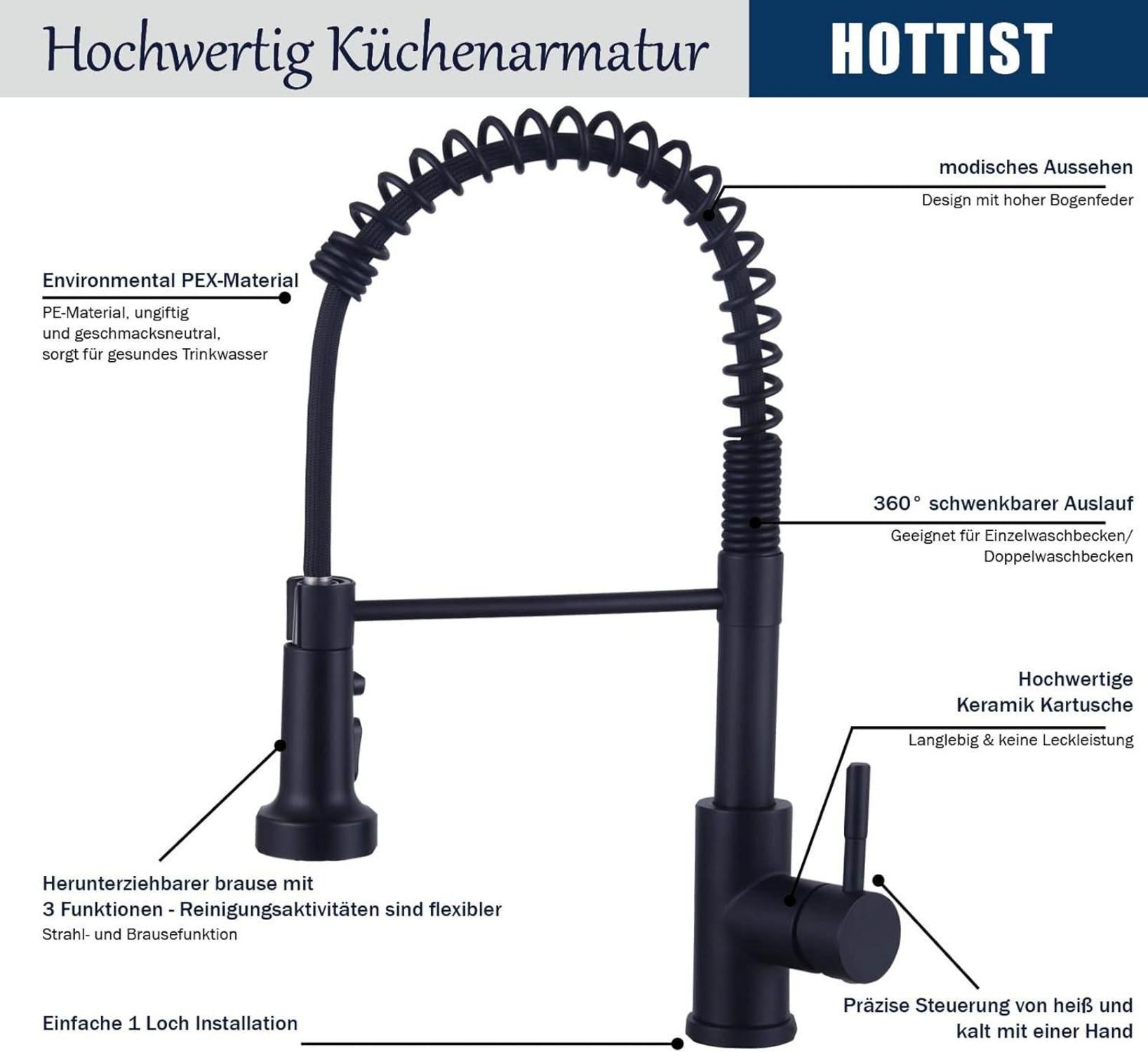 Schwarze Küchenarmatur Hochdruck mit ausziehbarer Brause 360° Drehbar