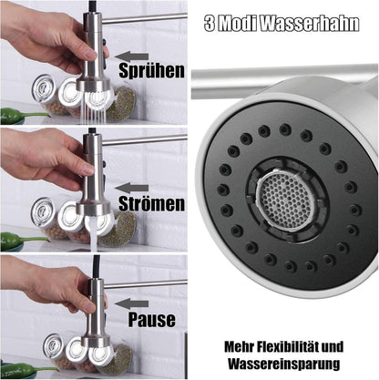 Küchenarmatur mit ausziehbarer Brause, 3 Modi, Edelstahl 304, 360° drehbar, gebürstet