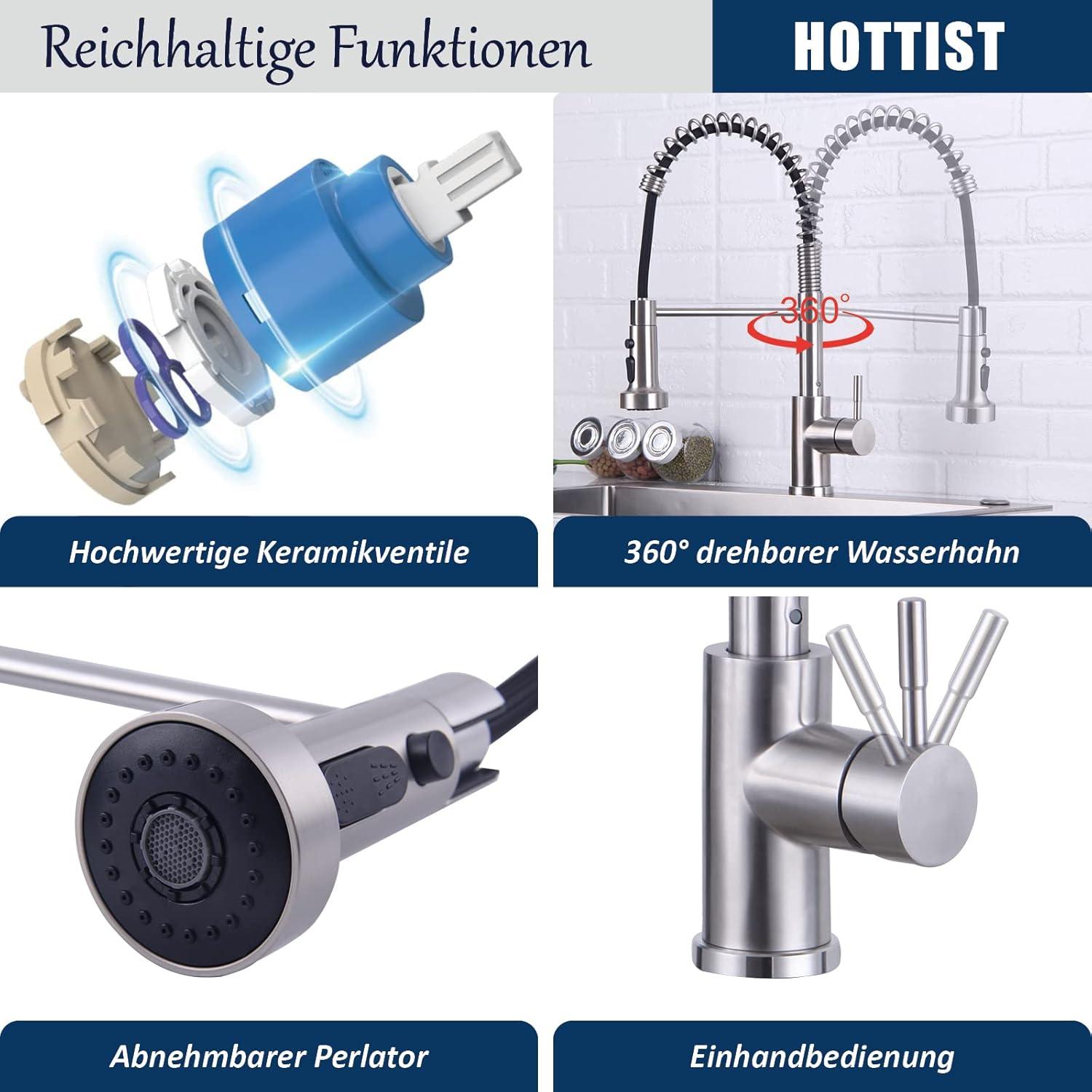 Küchenarmatur mit Brause 3 Modi Edelstahl 304 Spiralfederarmatur