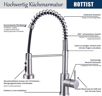Wasserhahn Küche mit Brause Ausziehbar Edelstahl 304 3 Modi Spiral