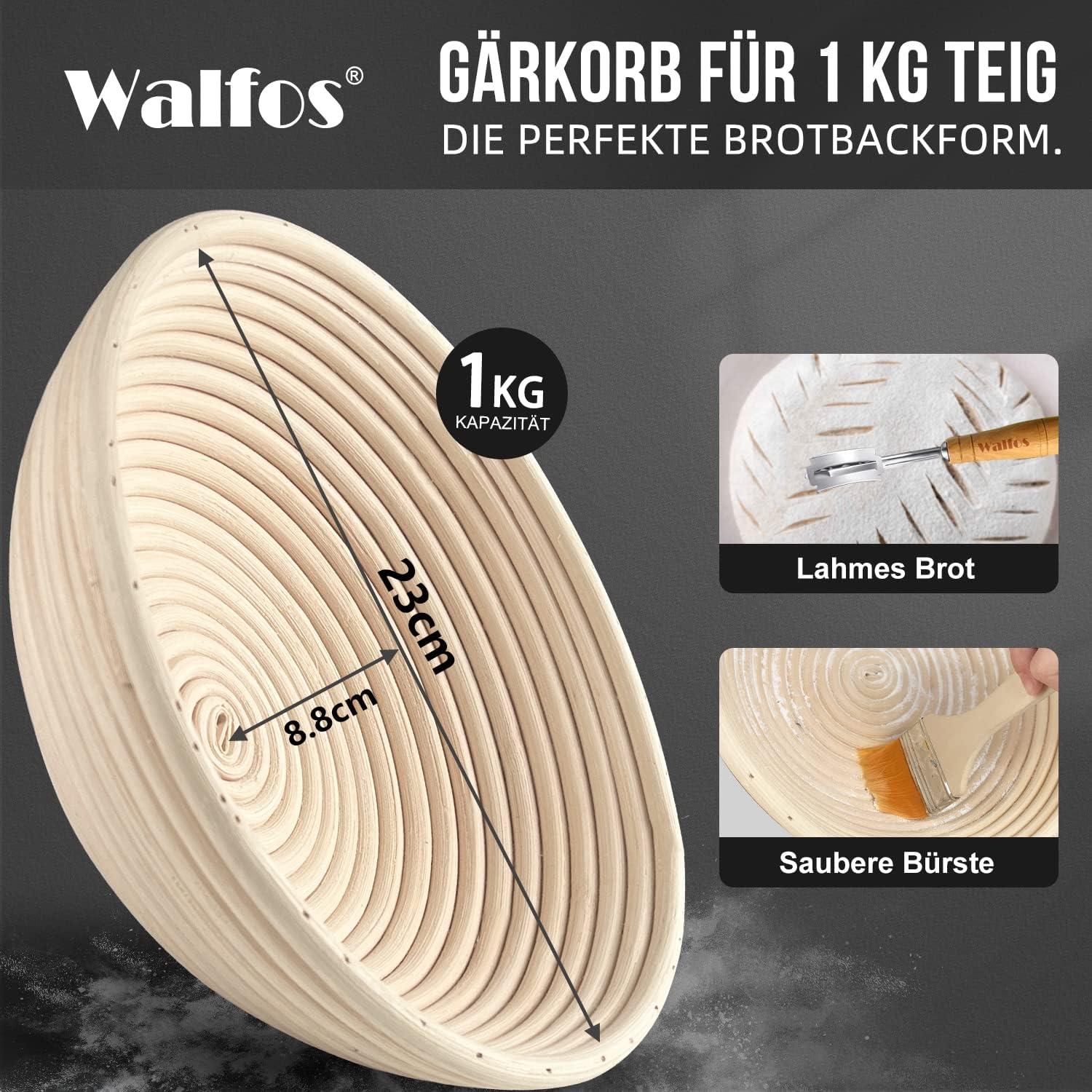 Walfos Gärkorb Set 23cm Rattan Brotbacken mit Zubehör & Leinenbezug