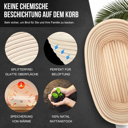 Walfos Gärkorb Oval Brotbacken Set 25cm Rattan mit Zubehör