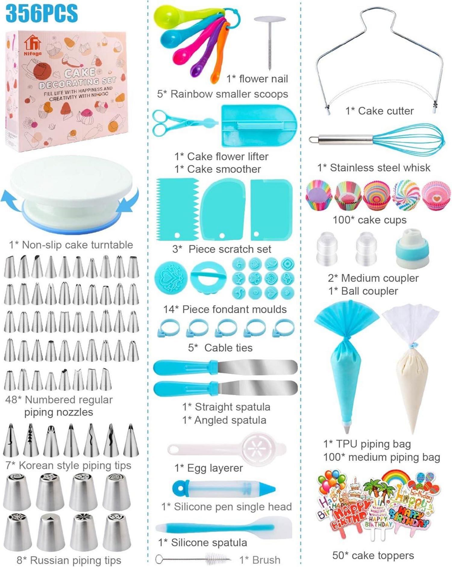 Torten Deko Set 356-teilig Backzubehör Kuchen Zubehör Tortenplatte Spritzbeutel