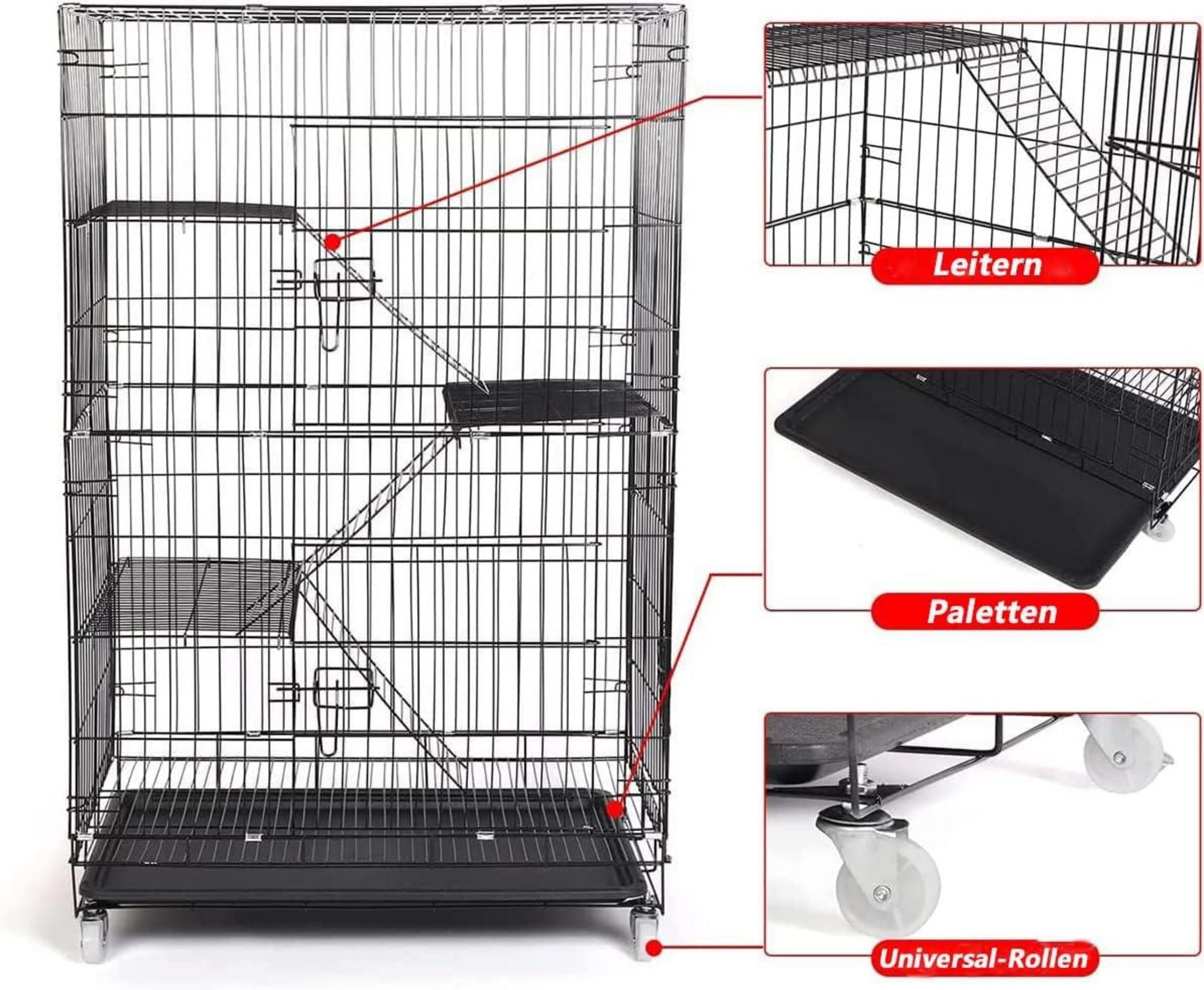 Großer Katzenkäfig mit 4 Ebenen, 360° Rollen, Rampe, Leitern - Metallkäfig für 1-3 Katzen, 90x57x125cm