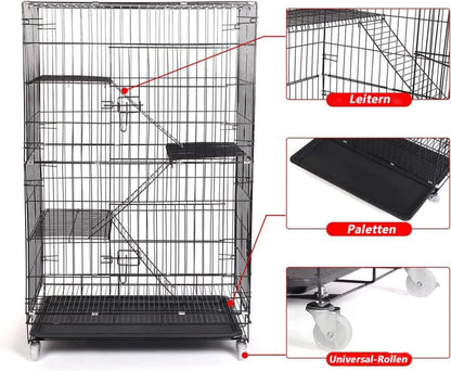 Großer Katzenkäfig mit 4 Ebenen, 360° Rollen, Rampe, Leitern - Metallkäfig für 1-3 Katzen, 90x57x125cm