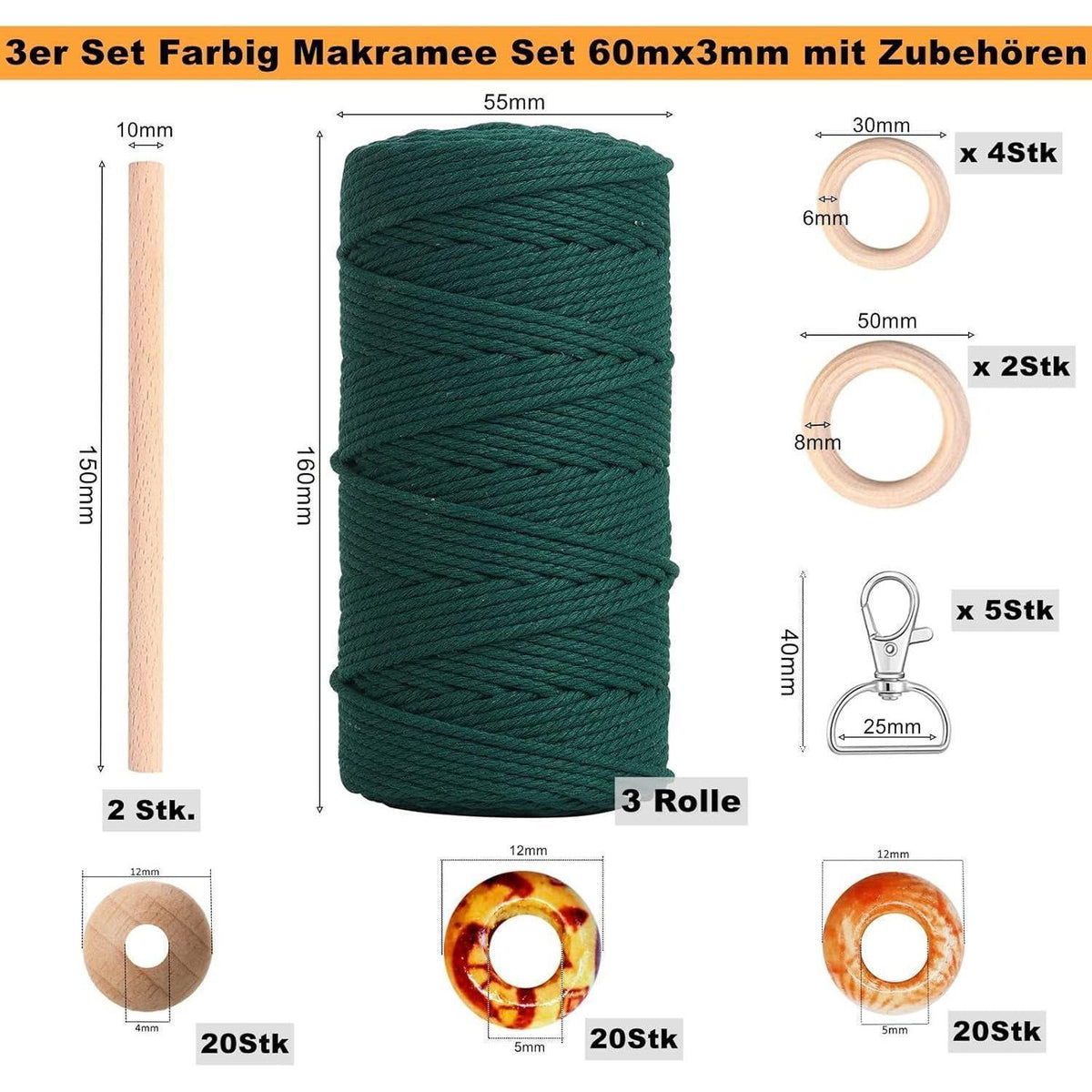 Makramee Set 3mm x 60m mit Zubehör – DIY Bastelset für Wandbehang