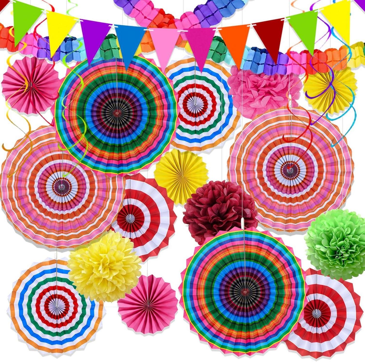 Party Deko Set mit Girlanden, Pompons, Regenbogen & Fiesta Dekoration