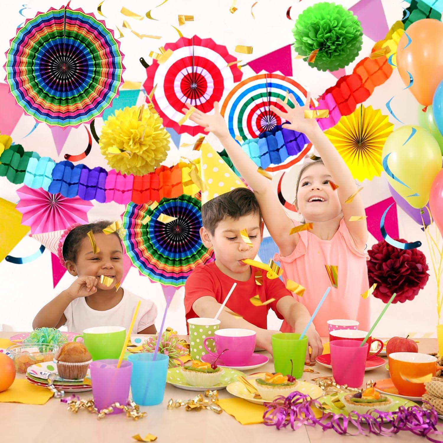 YBwanli Regenbogen Party Deko Set - 24-teilig mit Girlande und Pompons