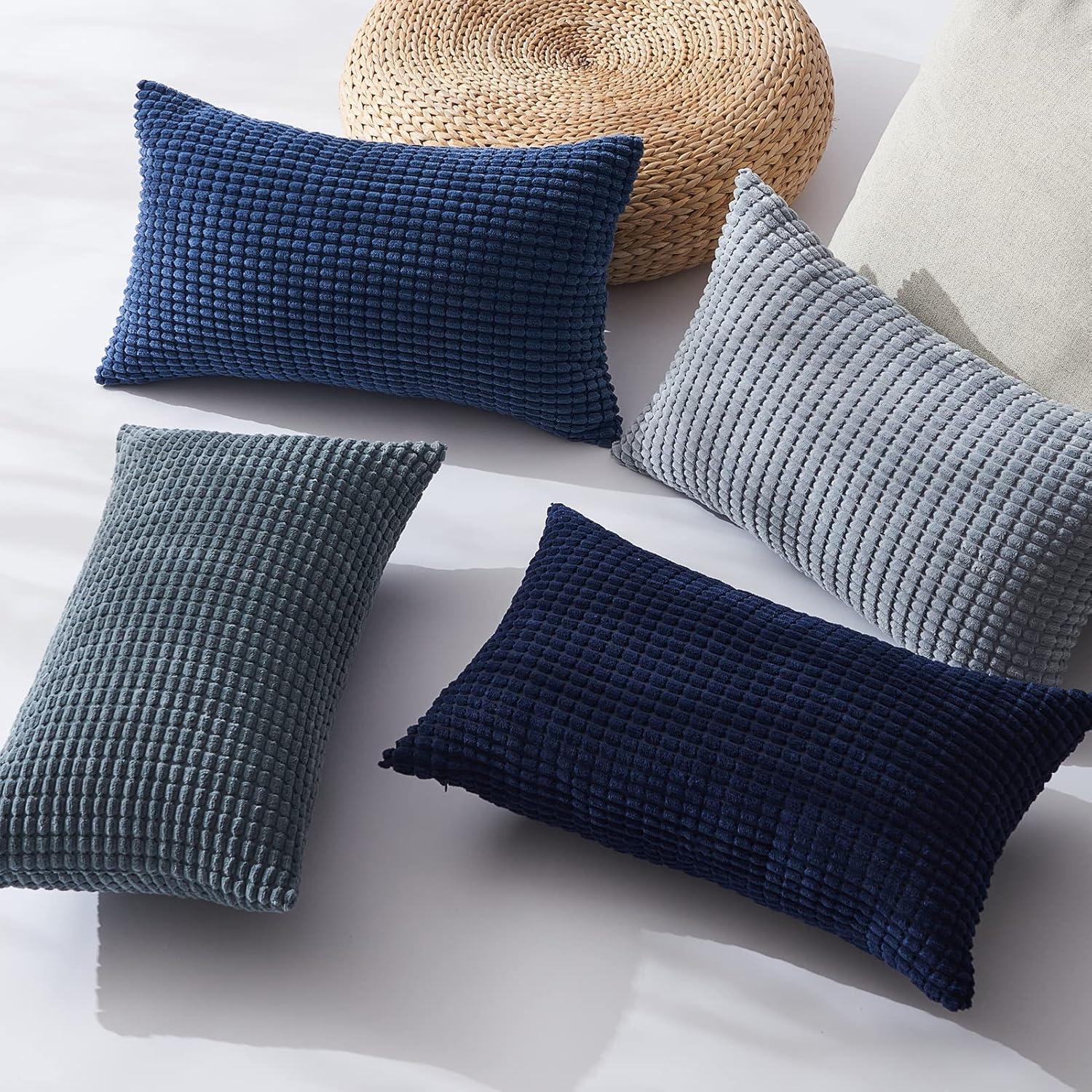 Kissenbezug 30x50 cm 4er Set blau körnig Cord Deko für Sofa Kinder