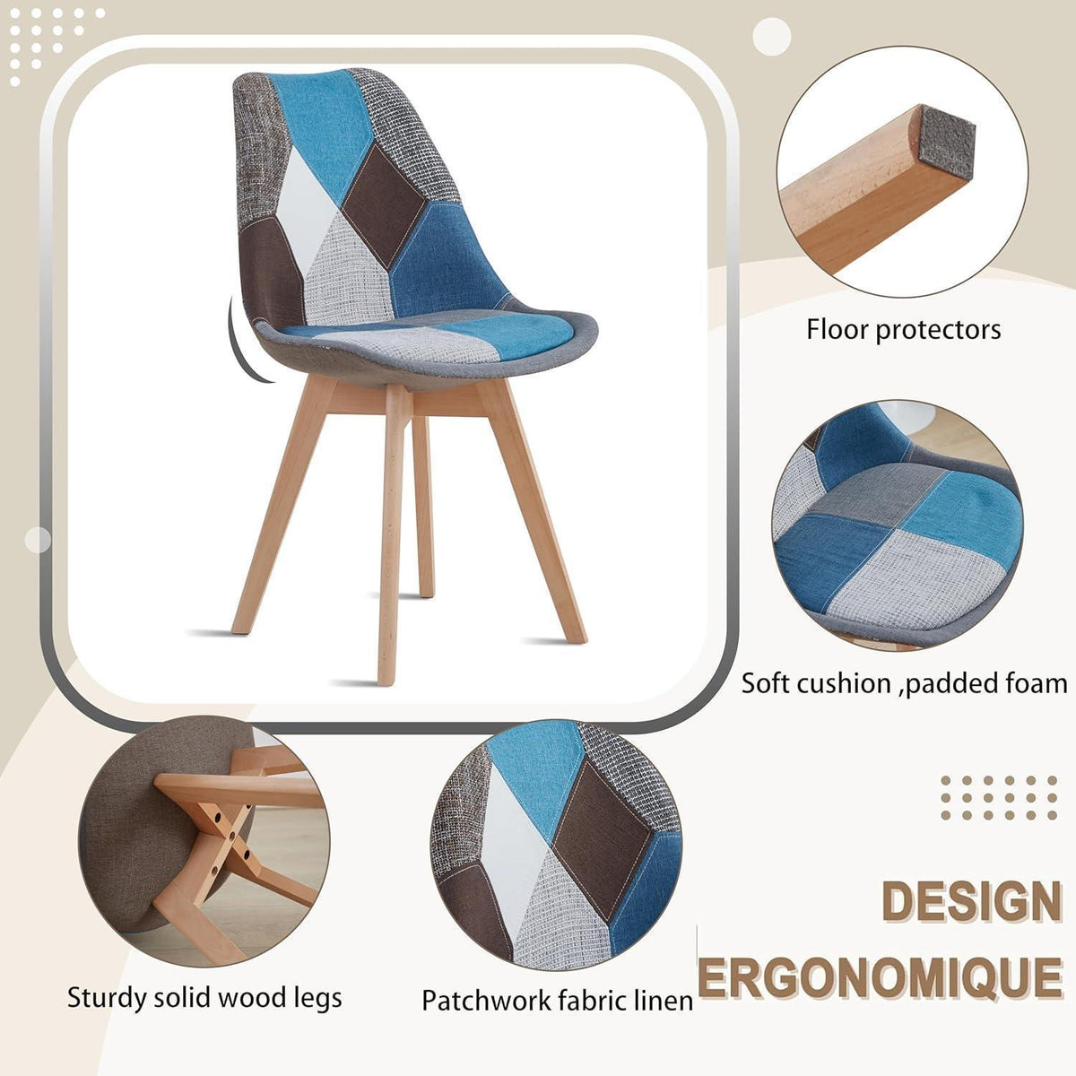 Patchwork Esszimmerstühle Set Blau | 8 Stühle mit Kissen & Holzbeinen
